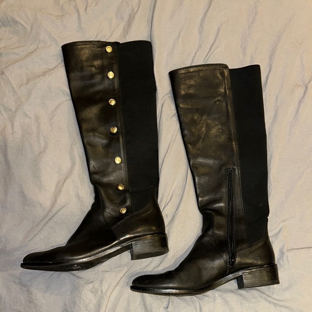 Vince Camuto Black Over-the-Knee Leather Boots with Gold Button Accents - Picture 3 of 4